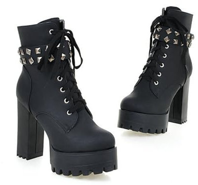 Winter Stiefel Für Frauen Kurze Gothic Schnürstiefeletten Reißverschluss Mit Dicken Absätzen Plattform Stiefel,Schwarz,46 EU