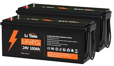 LiTime 2 paquets LiFePO4 Batterie 24V 100Ah, LiFePO4 Lithium Batterie avec 100A Protection BMS et Max.15000 Cycles Profonds, sans Entretien Parfait pour Camping-Car, Bateaux, Off-Grid