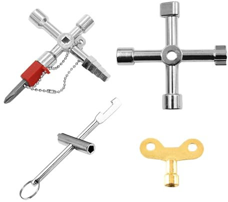 4 Pièces Clé Triangle 4 Points Clé Multifonction Clés Universelles pour Armoire Électrique, avec Embout, une Clé de Vanne, une Clé de Robinet et une Clé en Croix, pour Eau, Compteurs Électriques