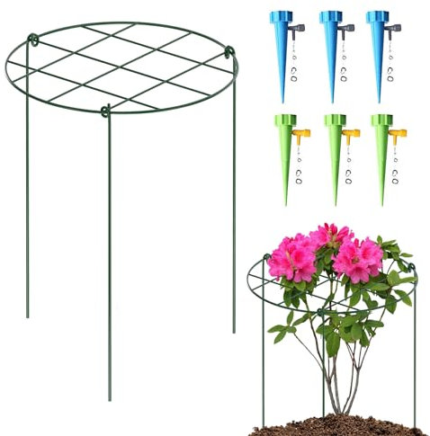 KAZITOO 6 Pack Round Grow Through Plant Supports, Strong Metal Grow Through Grid Garden Supports with 6 Self Watering Spikes and 3 Re-positionable Legs for Dahlia Rudbeckia Lupin Orchid, 41x30cm