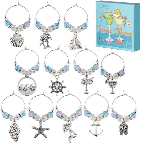 SUNNYCLUE 1 BOX 12PCS Silver Beach Drink Charms Bulk Wine Glass Identifiers Alloy Antique Summer Ocean Beach Shell Drinks Marker Charms Tags for Gathering Wedding Party Favor Drinks Decor