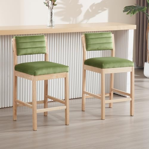 chairus 2er Set Samt Barhocker für Küchen Vintage Barstuhl Tresenhocker mit Massivholzbeinen für esszimmer Wohnzimmer (Grün)