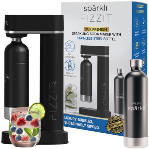 Fizzit Sparkli Carbonated Soda Maker with 1L Stainless Steel Bottle | Customizable Carbonation | Soda Streaming Fizzy Water Machine | Luxury Bubbles, Dishwasher Safe & Eco-Friendly Reusable Bottle