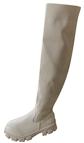 Stivali sopra il ginocchio, da donna, in pelle, con plateau e plateau, elasticizzati, con chiusura lampo, per equitazione, antiscivolo, invernali, da lavoro, beige., 41