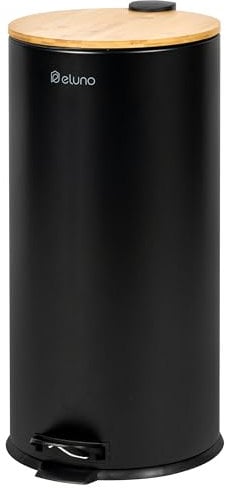 eluno Poubelle à pédale de 30 litres avec couvercle en bambou à fermeture douce pour salle de bain et cuisine avec seau intérieur amovible en bambou et métal (Noir)