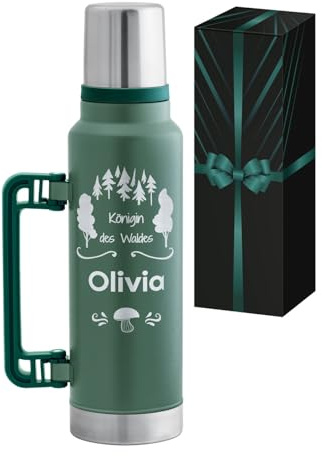 Personalisierte 1400ml Thermosflasche mit Griff - Trinkflasche Edelstahl mit Trinkbecher für unterwegs - 100% auslaufsicher - Geburtstagsgeschenk für Frauen - Geschenke für Frauen - Grün - Maverton