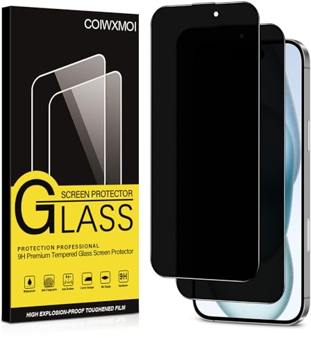 Coiwxmoi Protector Pantalla Privacidad para iPhone 15 Cristal Vidrio Templado Antiespia 9H Dureza Anti-Arañazos Antihuellas Anti Espía Protectora Película Sin Burbujas Privacy Screen,2 Piezas