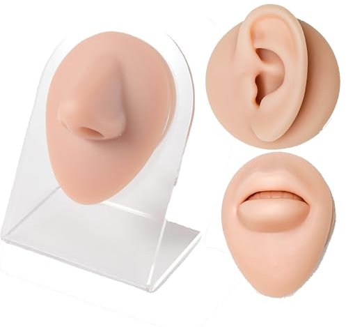 QSLKI 3Pcs Modèle D'Affichage L'Oreille, Nez et de Bouche, Ensemble D'affichages de Partie de Corps de Modèle Flexible en Silicone Souple, Modèle de Piercing en Silicone pour Pratique Bijoux