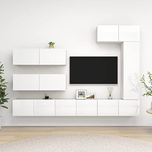 CINDERFUL 7-TLG. TV-Schrank-Set Hochglanz-Weiß Holzwerkstoff,Moderne Wohnwand TVSchrank mit schwebende Optik für Wohnzimmer & Heimkino TV-Möbel, TV-Bänke