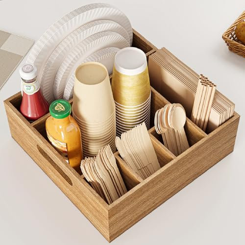Acacia Wood Utensil Caddy with Built-in Handle for Countertop, Utensil Holder for Party, Silverware Caddy with 6 Compartments for Plate, Cup, Fork, Spoon, Paper Plate Organizer for Kitchen, Camping