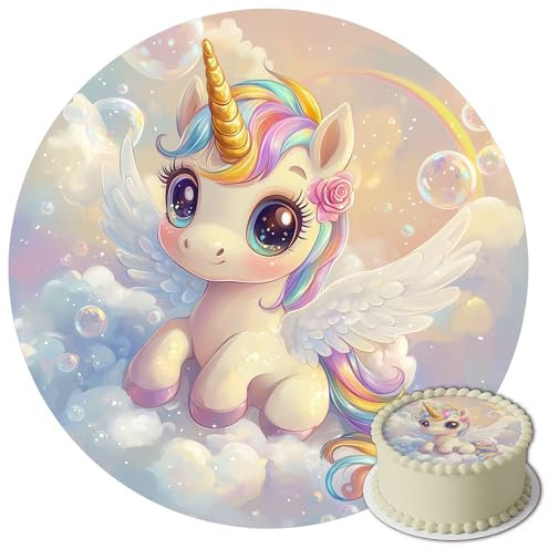 J&M DECO Tortenaufleger Einhorn – essbare Kuchendeko Ø 20 cm – Tortenbild für Mädchengeburtstag mit Regenbogen-Motiv – Tortendekoration aus Zuckerpapier – gebrauchsfertig