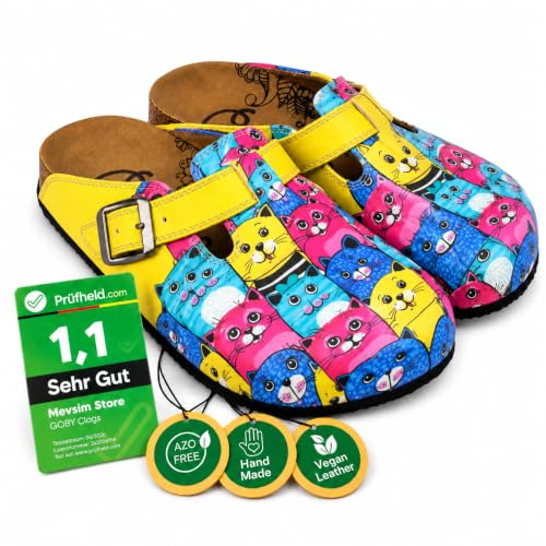 GOBY Clogs Hausschuhe Damen | Handgefertigte Premium Clogs mit Buntem Print – Bequeme & leichte Pantoletten Damen aus hochwertigem Imitationsleder mit Eva-Sohle [ Test SEHR GUT, Note 1.1 *]