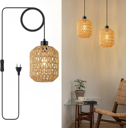 WILON 2 Stück Vintage Hängelampe mit Stecker, Lampenschirm Boho, Rattan Lampe mit 4.5M Kabel, E27 Pendelleuchte mit Schalter, Esstischlampe Hängend, Hängeleuchte für Wohnzimmer Schlafzimmer
