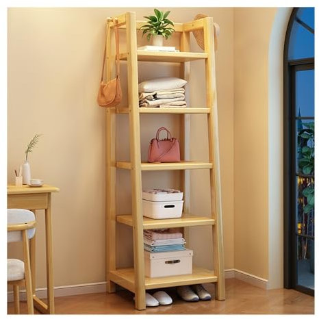 5-Tier Wooden Ladder Shelf, 67” Freestanding Open Bookcase for Home Office, Living Room, Kitchen, Bedroom - Bathroom Storage Shelf and Plant Stand (Natural Wood)