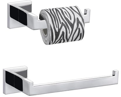 Square Bathroom Accessory Set, Eovem Towel Rail, Toilet Paper Holder, 2-Pieces Wall Mounted Bathroom Hardware Set Chrome, 304 Stainless Steel