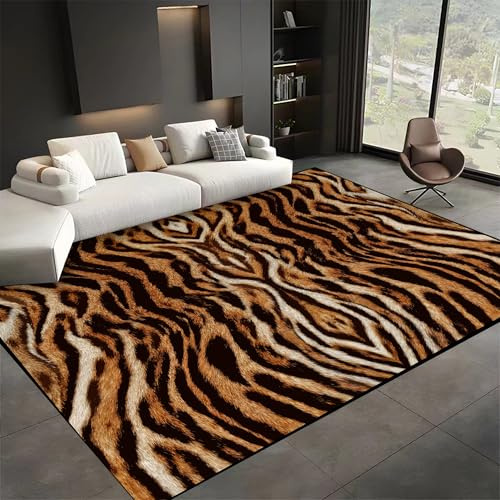 SMXVRC Brauner Animalprint Wohnzimmer Teppich, 70x140cm, Tigermuster Tierfell Streifen Wohnzimmerteppich, Komfortabel Langlebig Waschbar Fußmatte Faltbar rutschfeste Teppiche für Esszimmer