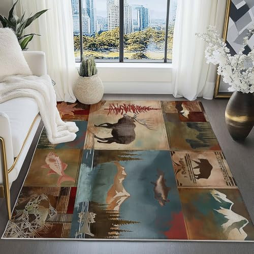 Teppich Wohnzimmer 140 x 200 cm Landhausstil Hirsch Muster Kurzflor Waschbarer Teppich Schlafzimmer Groß rutschfest Bettvorleger Teppiche für Esszimmer Kinderzimmer Büro, Braun