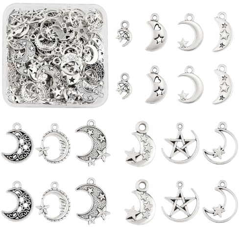 LEGENTLISUR 100 Stück 10 Stile Antik Silber Mond Stern Herz Anhänger Zur Schmuckherstellung Legierung Niedliche Anhänger Großpackung Für Halsketten Armbänder DIY Bastelbedarf