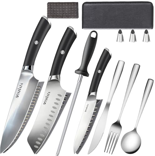 MOSFiATA Messerset Küchenmesser Kochmesser Set mit Wetzstahl und Tasche | Super scharfes Chefmesser Fleischmesser Profi Messer aus Hochgekohlter Edelstahl mit Messerschutz, Edelstahlbesteck & -löffel