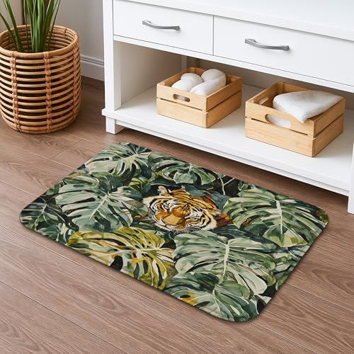 Tiger in Tropical Leaves Bath Mat, Jungle Green Monstera Print Absorbent Non Slip Shower Rug, Exotic Memory Foam Washable Bath Rugs for Bathroom Decor 16x24 Inch