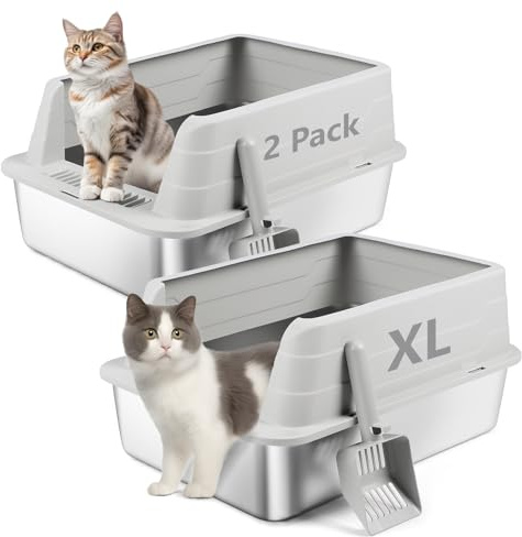 Bartuke Bac à litière pour Chat en Acier Inoxydable avec Pelle, bac à litière à Bords Hauts pour éviter Les éclaboussures, sans Odeur, Non Collant, Facile à Nettoyer (Gris Clair, 2 unité)