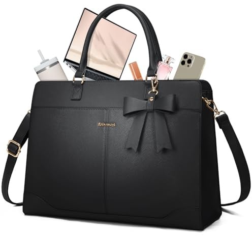RAINSMORE Laptoptasche Damen 15.6 Zoll Große Handtasche Elegante PU Leder | Shopper Tasche Damen Wasserdicht Arbeitstasche Aktentasche für Business Arbeit Büro Uni Schwarz