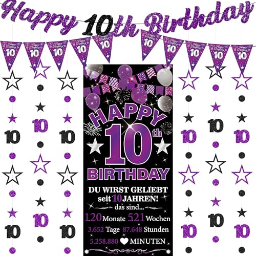 10 Geburtstag Junge Mädchen Deko - 9 Stück Lila Geburtstagsdeko | Banner Twinkle Star Girlande Hanging Streamer(6 M) HintergrüNde For 10 Jahre Party Dekoration Geburtstagsfeier