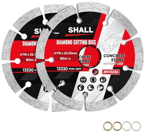 SHALL 115 mm (4.5) Segmented Diamond Cutting Discs, Fast Cutting for Angle Grinder, Concrete, Stone, Masonry & Tile, 22.23 mm Bore with 16 mm & 20 mm Reduction Rings, 2-Pack