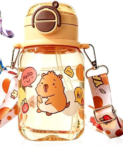 OZXVXZO Capybara Botella de Agua para Niños,600ml Botellas Agua Niños, Capybara Cantimplora Infantil con Pajita,Sin Fugas, Reutilizable, para Colegio, Running, Bicicleta