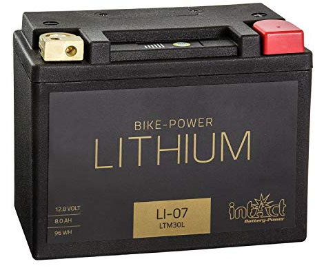 intAct - BATTERIE MOTOCYCLE LITHIUM | Batterie pour scooter, moto etc. Jusqu'à 75% de gain de poids | Bike-Power LI-07, LTM30L, batterie 12,8V, 8 AH (c10), 96 Wh, 400 A (CCA) | Dim: 165x86x130mm