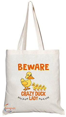 Coralgraph TB276 Schultertasche, bedruckt mit der Aufschrift 'Beware Crazy Duck Lady', umweltfreundlich, stilvoll, mit langem Griff, 38 cm x 42 cm, Unisex, Natur