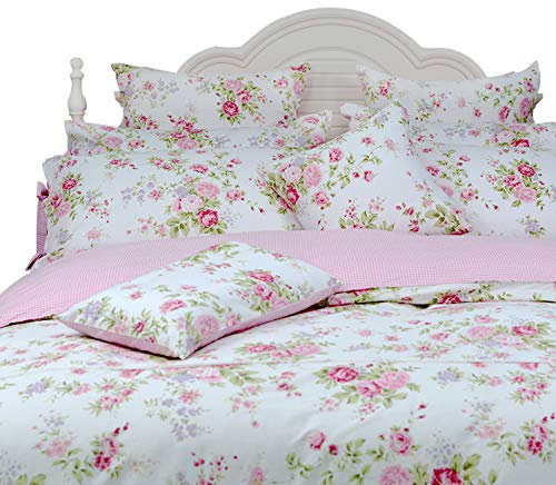 FADFAY Rose Floral Duvet Cover Set Pink Grid Cotton Girls Bedding with Hidden Zipper Closure 3 Pieces, 1duvet Cover & 2pillowcases,King/California King Size