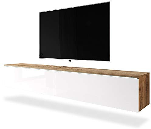 Selsey - TV-Lowboard KANE in Wotan Eiche/Weiß Hochglanz, hängend/stehend, modern, 2 Klappen, weiße LED-Beleuchtung, 180 cm