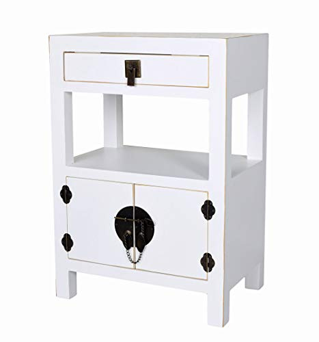 Chinesischer Nachtschrank Madame Wong Weiß – Authentischer Ming-Stil, 2 Türen & 1 Schublade, Holz/MDF, Antik Patinierte Metallbeschläge, mya020 Palazzo Exklusiv
