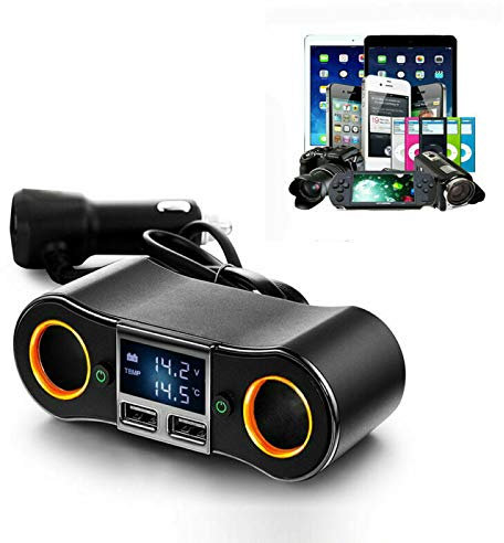 Multiprise USB Rallonge Allume Cigare, Riloer 12V et 24V Adaptateur Chargeur Voiture Camion Bateau prise double USB 2 voies Affichage LED Voltmètre 120 * 40 * 50 mm