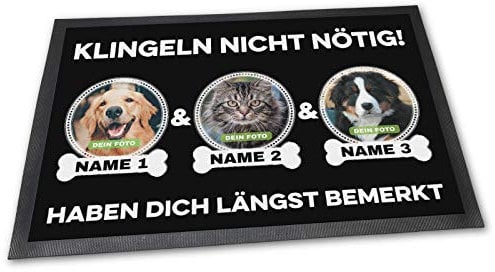 PfotenSchild Fußmatte mit DREI Hunden - Klingeln Nicht nötig - Personalisiert mit WUNSCHFOTOS und Wunschnamen Hundebesitzer - 60 x 40 cm