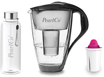 PearlCo - Glas-Wasserfilter (anthrazit) mit 1 Magnesium classic Filterkartusche + 1 Trinkflasche aus Glas
