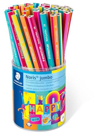 STAEDTLER dicke dreieckige Bleistifte Noris jumbo Happy in farbenfroher Streifung, hohe Bruchfestigkeit, Härtegrad 2B, 48 Bleistifte im Köcher, 119 KP48HA