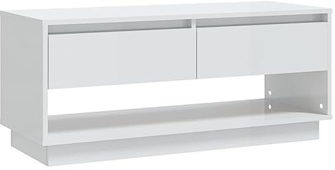 vidaXL Meuble TV, Armoire de Télévision avec 2 Tiroirs et Compartiment, Meuble Télé avec Rangement Salle de Séjour, Blanc Brillant Bois d'Ingénierie