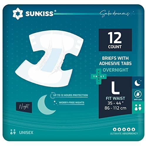 SUNKISS TrustPlus Inkontinenz Windeln für Erwachsene über Nacht, Saugfähige Einweg-Unterwäsche für Männer und Frauen mit Tabs, Unisex, Größe L, 12 Stück