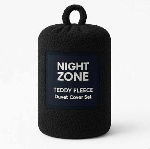 NIGHTZONE Teddy Fleece Duvet Cover Set With Pillow Case Thermal Fleece Warm Cosy Soft Fur Teddy Bedding Duvet Cover Set (Black, Super King)