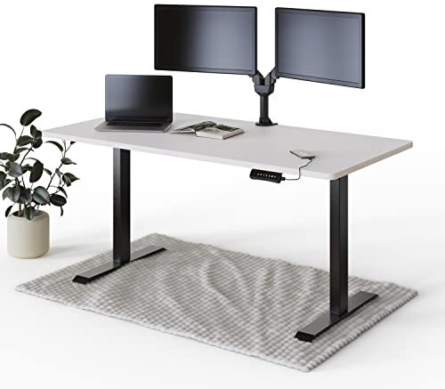 DESKSPACE PRO Elektrisch höhenverstellbarer Schreibtisch - 160x80 cm Weiße Tischplatte, Ergonomischer Stehpult mit Memory Funktion & Kollisionschutz, Schwarzes elektrisches Gestell mit Ladebuchse