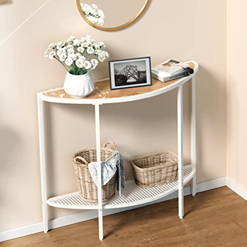 SAYGOER Console Table with Storage Narrow Entryway Table with Metal Shelves Half Moon Sofa Couch Table Rustic Slim Entry Way Tables for Living Room Hallway Office Easy Assembly, OAK White