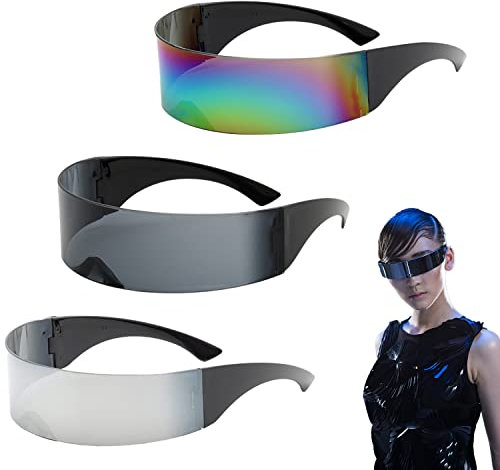 LSYYSL 3 Paar futuristische Sonnenbrillen, lustige verspiegelte Partybrillen, schlanke Weltraum-Alien-Brille für Halloween, Cosplay, Karneval, Club (Grau, Silber, Bunt)