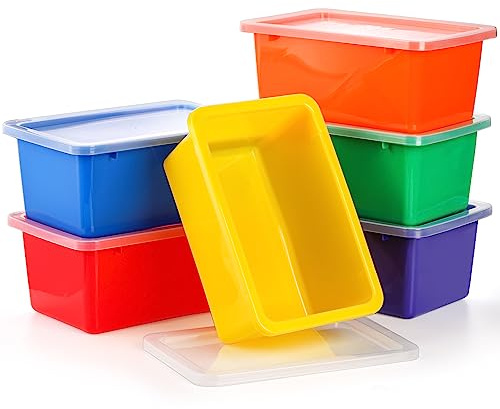 Nicunom 6 Pack Small Cubby Bins Storage Bins with Lids, Plastic Storage Bins Colorful Storage Containers, Stackable Organizer Cubbies for Classroom Home