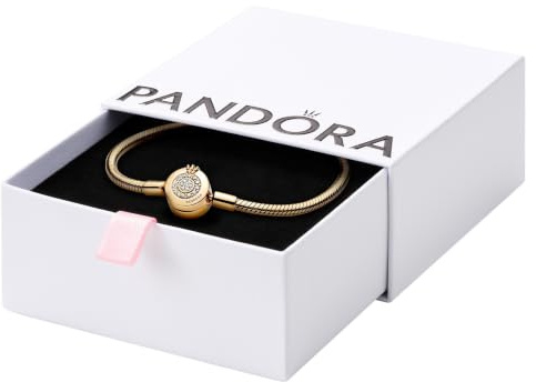 PANDORA Moments, Crown O Snake Chain Bracelet, 14k Gold | 14k Gold-Plated Snake Chain Charm Bracelet, Sparkling Crown O Clasp, Add Pandora Charms & Clips to Style