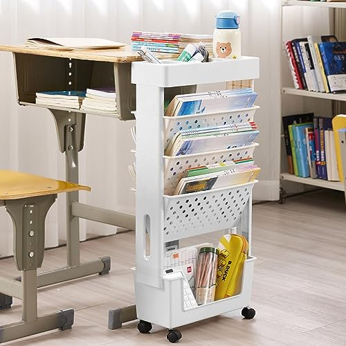 Whemyreat Mobiler Bücherregalwagen,5 Stufiger Beweglicher Bücherregalwagen mit Rädern,Bücherregale zur Organisation von Gebrauchsdokumenten für Kinder,Kinder,Studenten,Bücherregal am Schreibtisch