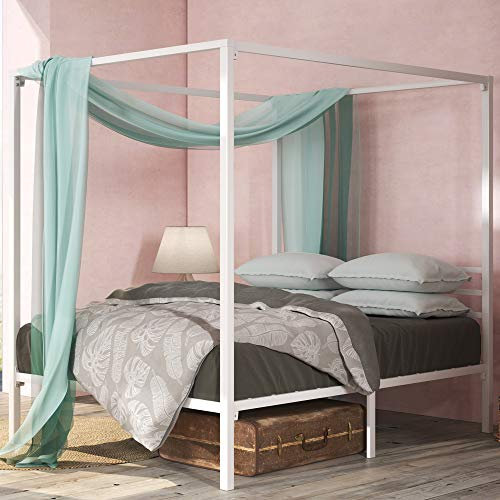Zinus Patricia Cama 150x190 cm - Altura 36 cm con almacenaje bajo la cama - Somier con dosel de metal y soporte de lamas de acero - Blanco