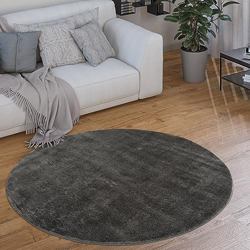 Paco Home Waschbarer Teppich Rund Wohnzimmer Kurzflor rutschfest Modern Flauschig Einfarbiges Muster, Grösse:80 cm Rund, Farbe:Anthrazit