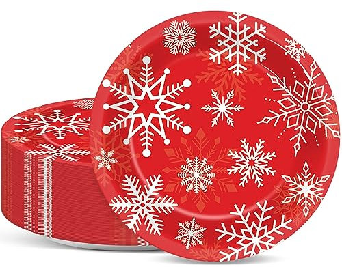48 Stück Merry Christmas Pappteller Weihnachten Thema Geschirr serviert 48 Gästen Xmas Party Supplies Schneeflocken Runde Teller Bulk Weihnachten Platte für Weihnachten Urlaub Party Dekor Rot